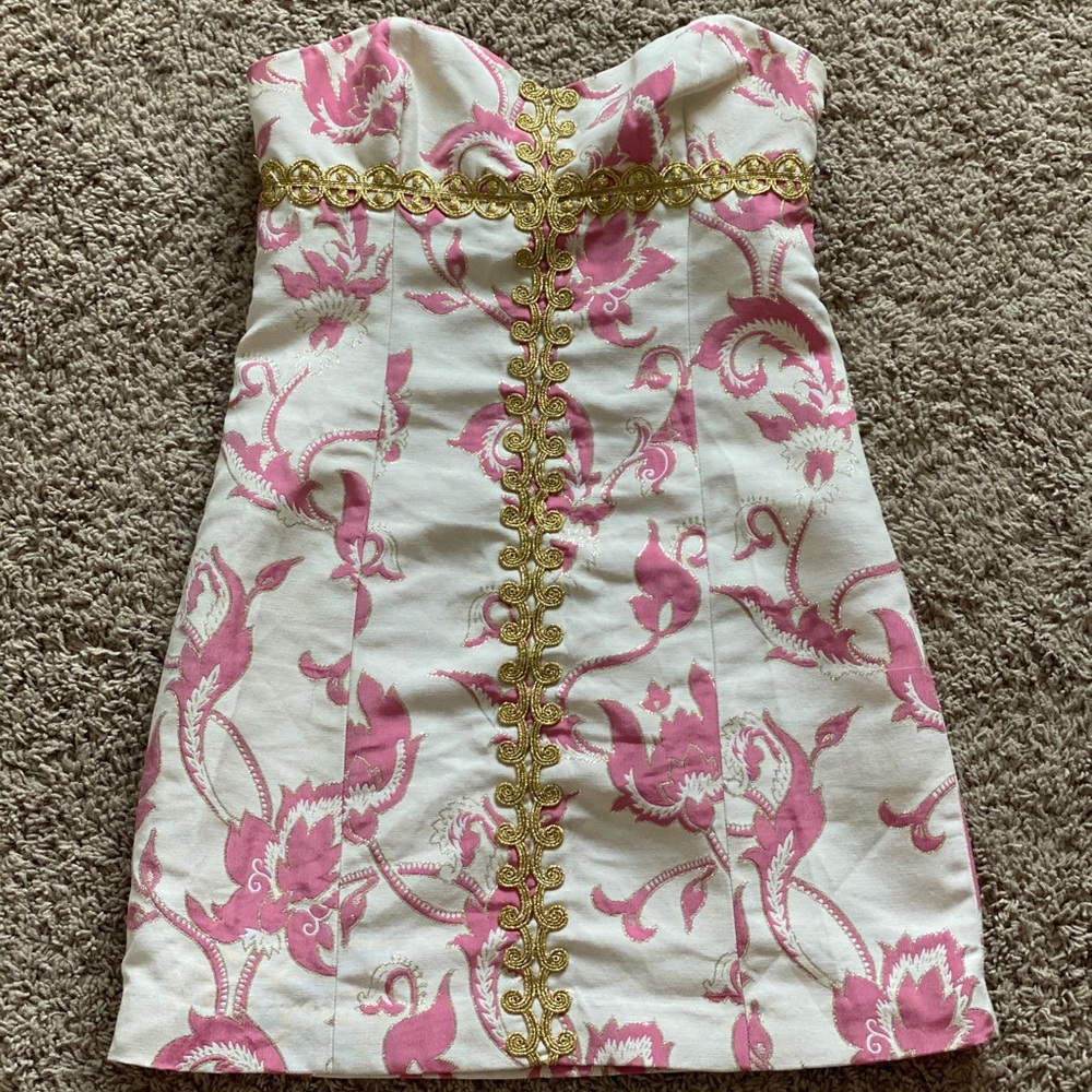 Tibi pink & gold strapless dress
